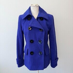 Charter Club Blue Pea Coat Womens Purple Warm Wool Blend Double Breasted Size 4